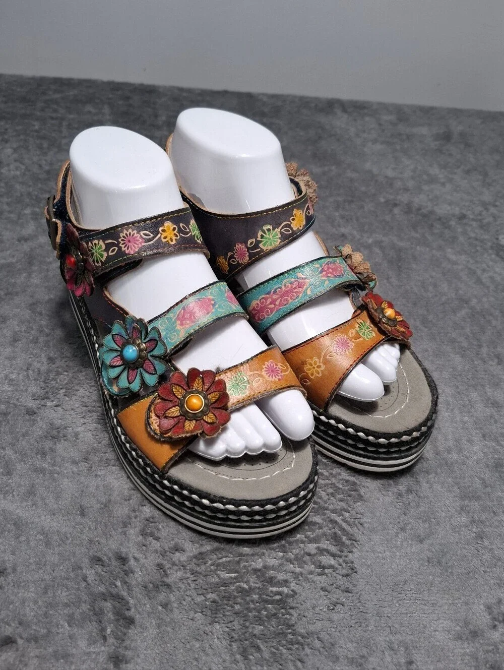 L'ATISTE Spring Step Multicolor Floral Leather Slingback Sandals Hand Painted 38